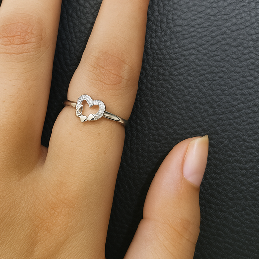Sterling Silver Butterfly Heart Ring with Cubic Zirconia, Adjustable Band