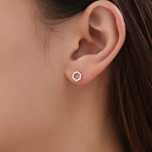 Hexagonal Sterling Silver Stud Earrings, Minimalist Geometric Design