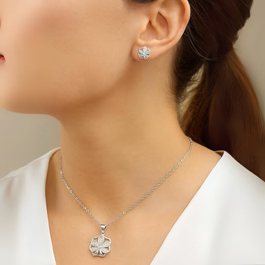 Zircon Dazzling Flower Studs with Pendant and Chain Gifts for Women and Girls | With Certificate of Authenticity and 925 Stamp | 𝟲 𝗠𝗼𝗻𝘁𝗵𝘀 𝗪𝗮𝗿𝗿𝗮𝗻𝘁𝘆
