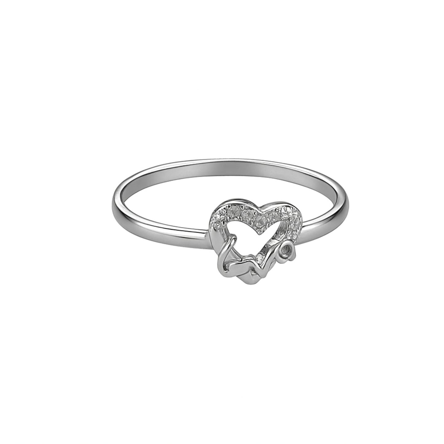 Sterling Silver Butterfly Heart Ring with Cubic Zirconia, Adjustable Band