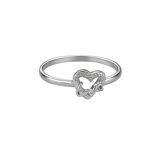 Sterling Silver Butterfly Heart Ring with Cubic Zirconia, Adjustable Band
