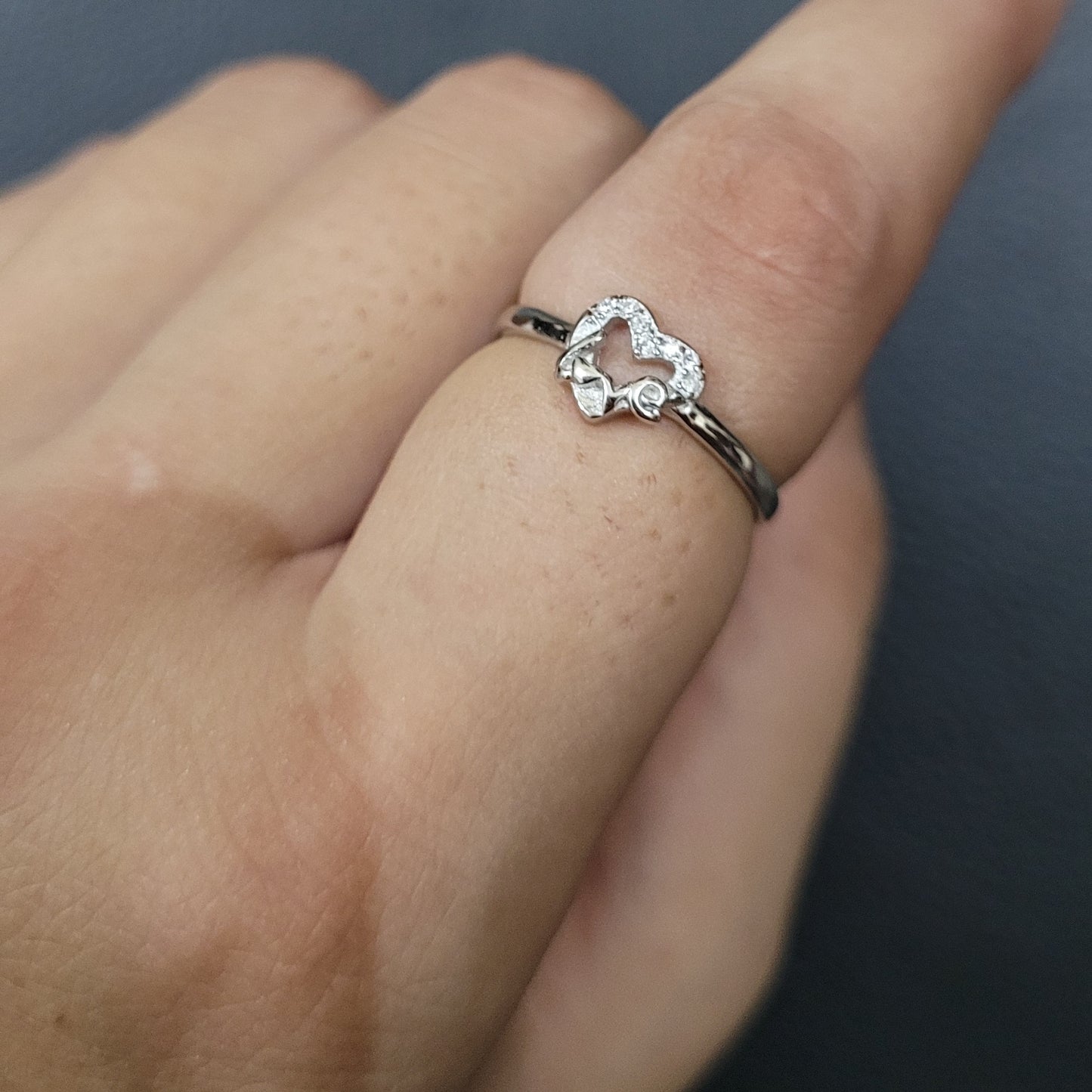 Sterling Silver Butterfly Heart Ring with Cubic Zirconia, Adjustable Band