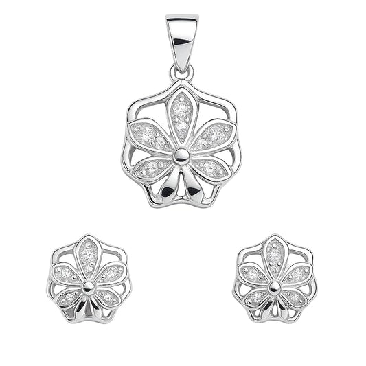 Zircon Dazzling Flower Studs with Pendant and Chain Gifts for Women and Girls | With Certificate of Authenticity and 925 Stamp | 𝟲 𝗠𝗼𝗻𝘁𝗵𝘀 𝗪𝗮𝗿𝗿𝗮𝗻𝘁𝘆