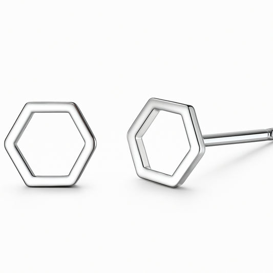 Hexagonal Sterling Silver Stud Earrings, Minimalist Geometric Design