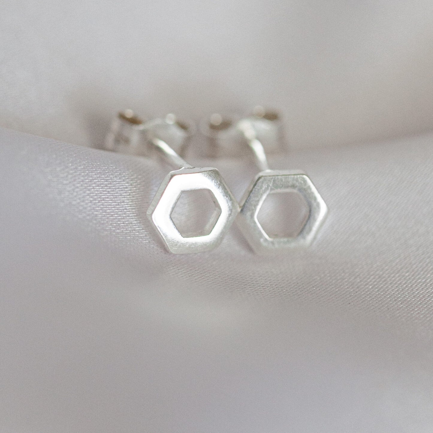 Hexagonal Sterling Silver Stud Earrings, Minimalist Geometric Design