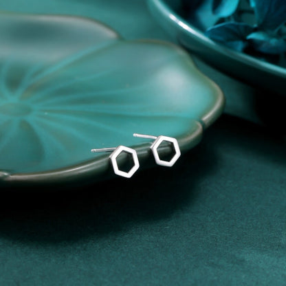 Hexagonal Sterling Silver Stud Earrings, Minimalist Geometric Design