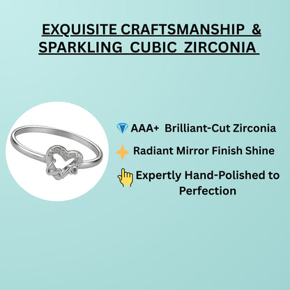 Sterling Silver Butterfly Heart Ring with Cubic Zirconia, Adjustable Band