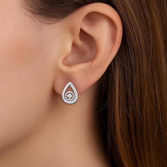 925 Sterling Silver Teardrop small silver earrings Stud Earrings Rhodium Plated with Cubic Zirconia, [𝐁𝐞𝐬𝐭 𝐐𝐮𝐚𝐥𝐢𝐭𝐲 𝐒𝐢𝐥𝐯𝐞𝐫] Dancing Diamond Design (1 Pair)