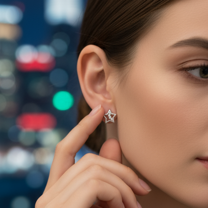 925 Sterling Silver Star Stud Earrings with Cubic Zirconia, Fashion for Women & Girls