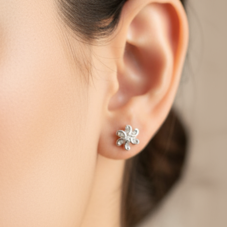 925 Sterling Silver Cubic Zirconia Floral Stud Earrings, Crystal Flower Design, Jewellery for Women & Girls